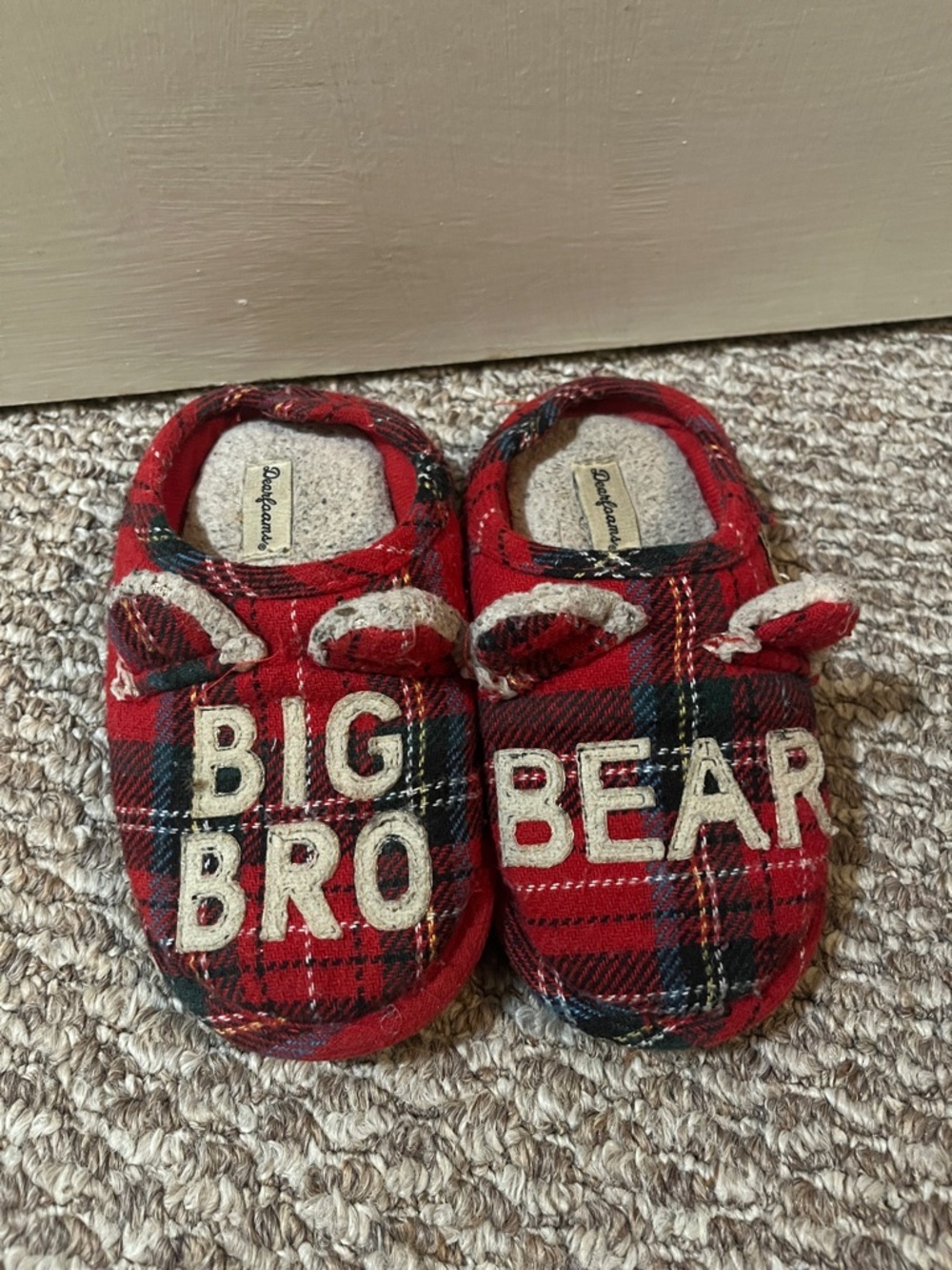 Dearforms Red Plaid 'Big Bro Bear' Kids Slippers